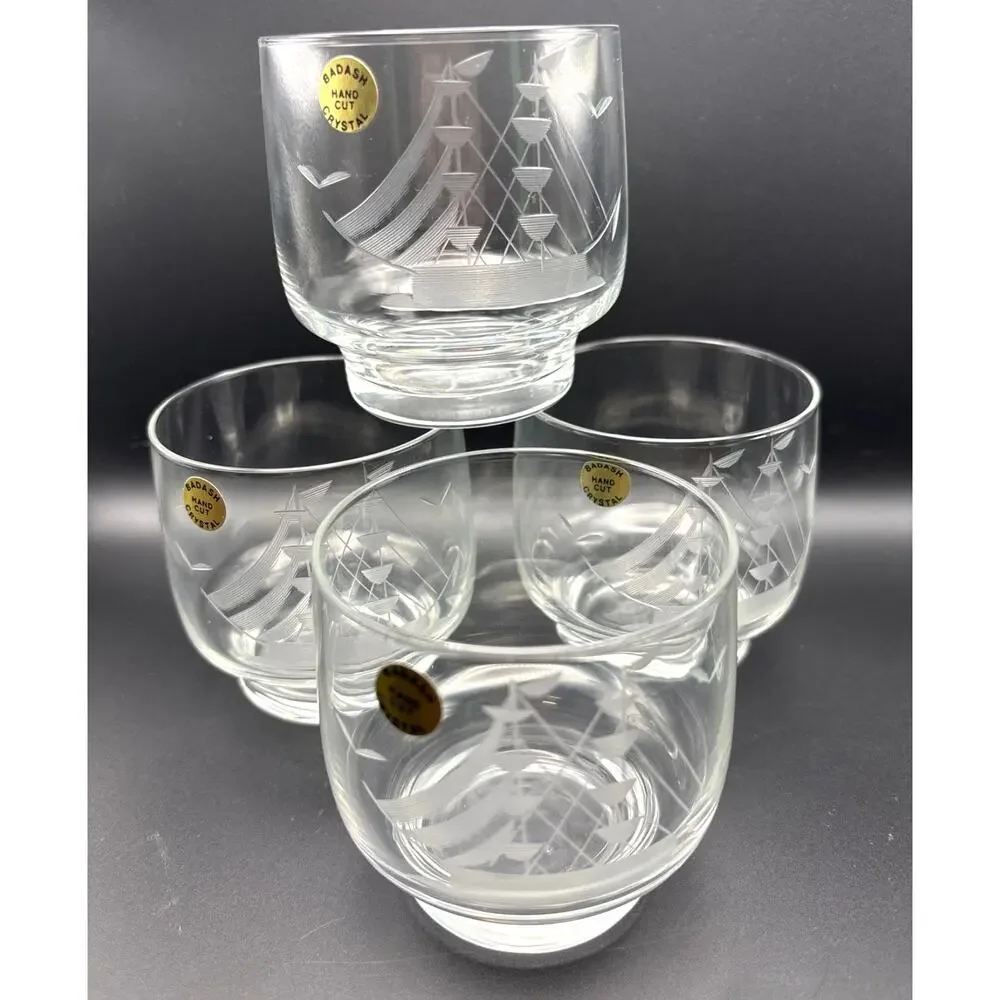 Vintage Badash Hand-cut Crystal Glasses/ Whiskey Glass Clipper Ship Design Set 4